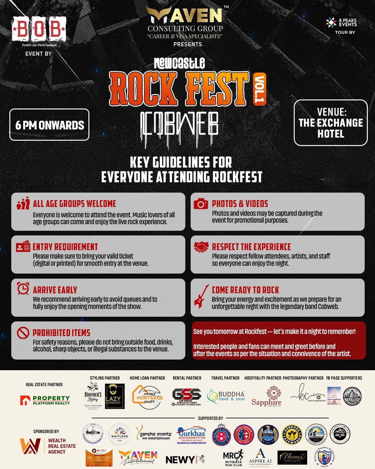 Newcastle Rock Fest Vol. 1 flyer -- B.O.B Events and Entertainment, presented by Maven Consulting Group, featuring Cobweb, 17th March, 6 PM onwards, The Exchange Hotel